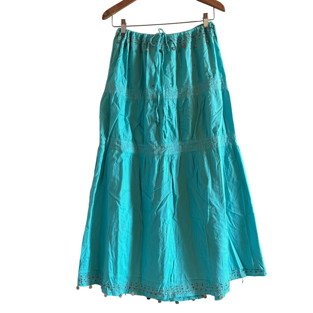 Y2K Guess Jeans Turquoise Boho Maxi Gypsy Skirt Coin Charms Embroidery Beads XS